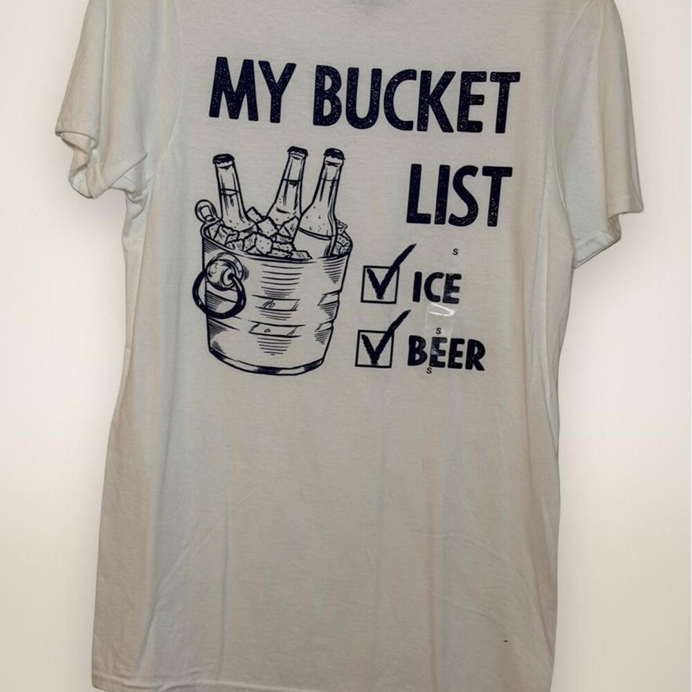 Hybrid means white tshirt with funny ‘bucket list’ graphic and text. Mens S #tsh